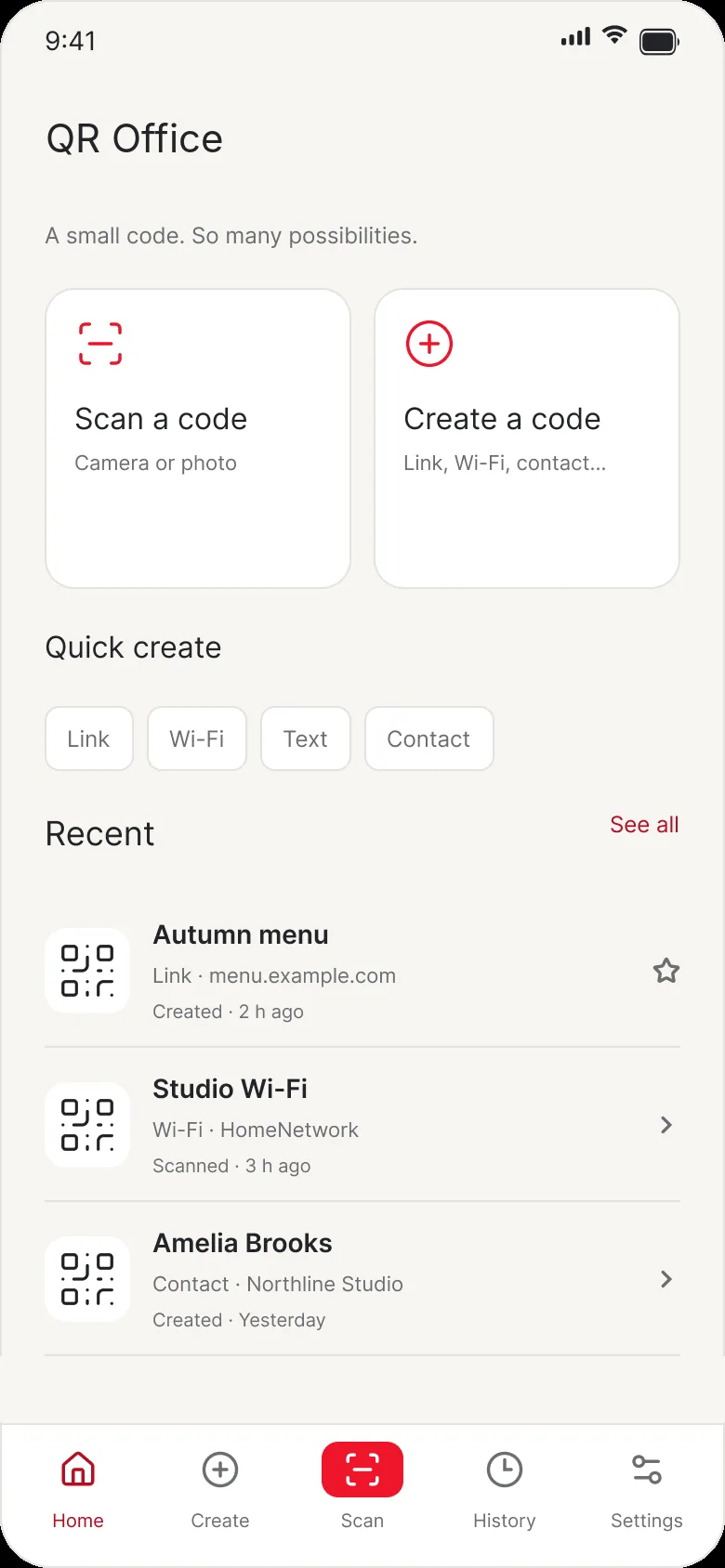 QR Office Home tab with Scan a code, Create a code, quick create chips and recent codes
