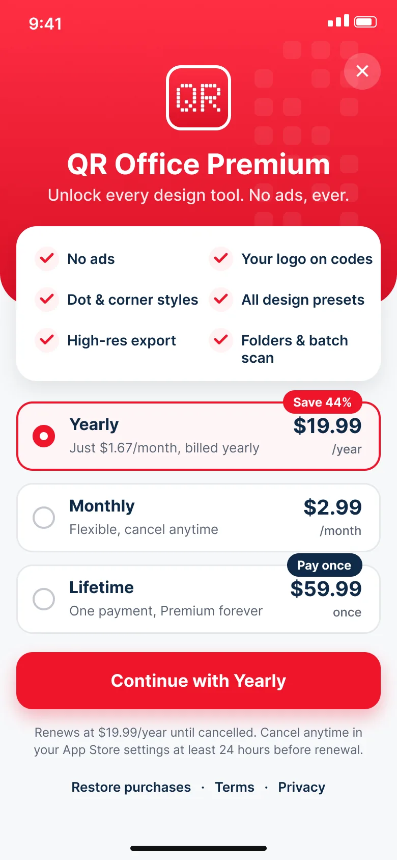QR Office Premium screen with Yearly, Monthly and Lifetime plans